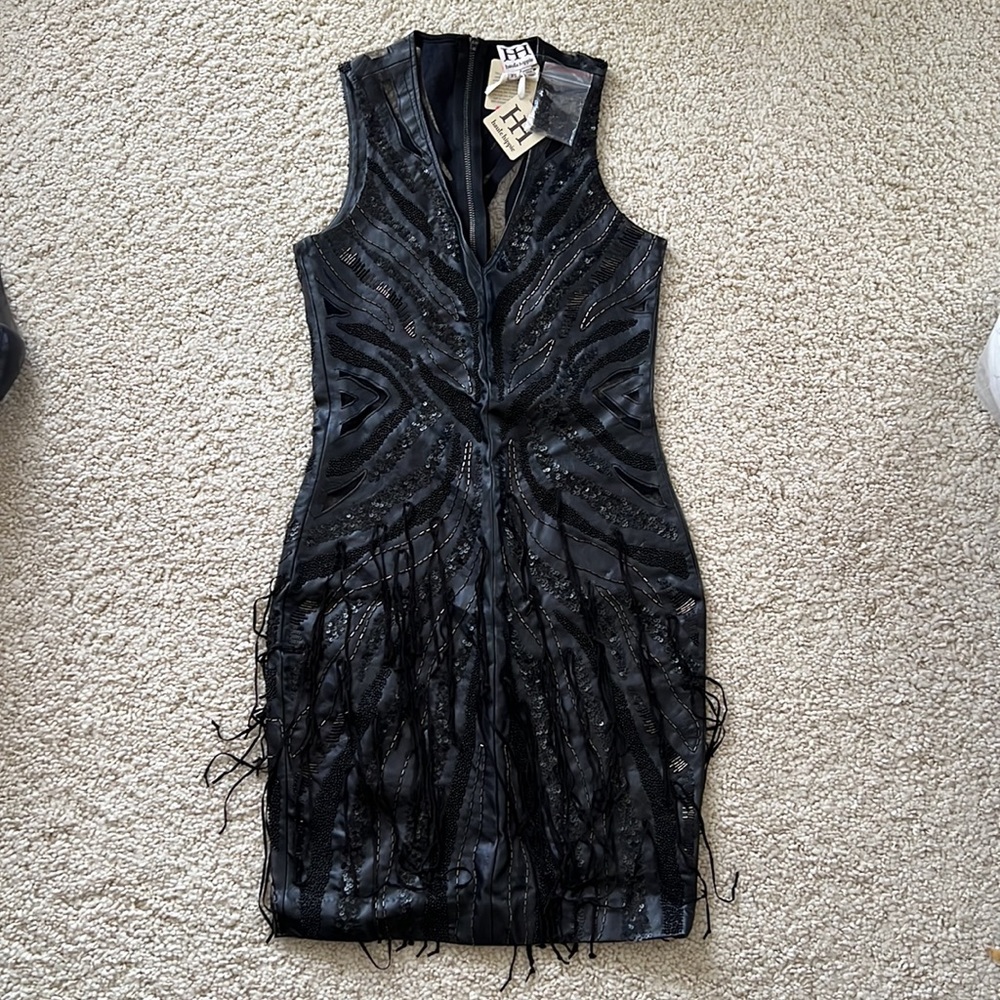 New Haute hippie leather dress mini sheer fitted bead tassel sequin black XS 0 2